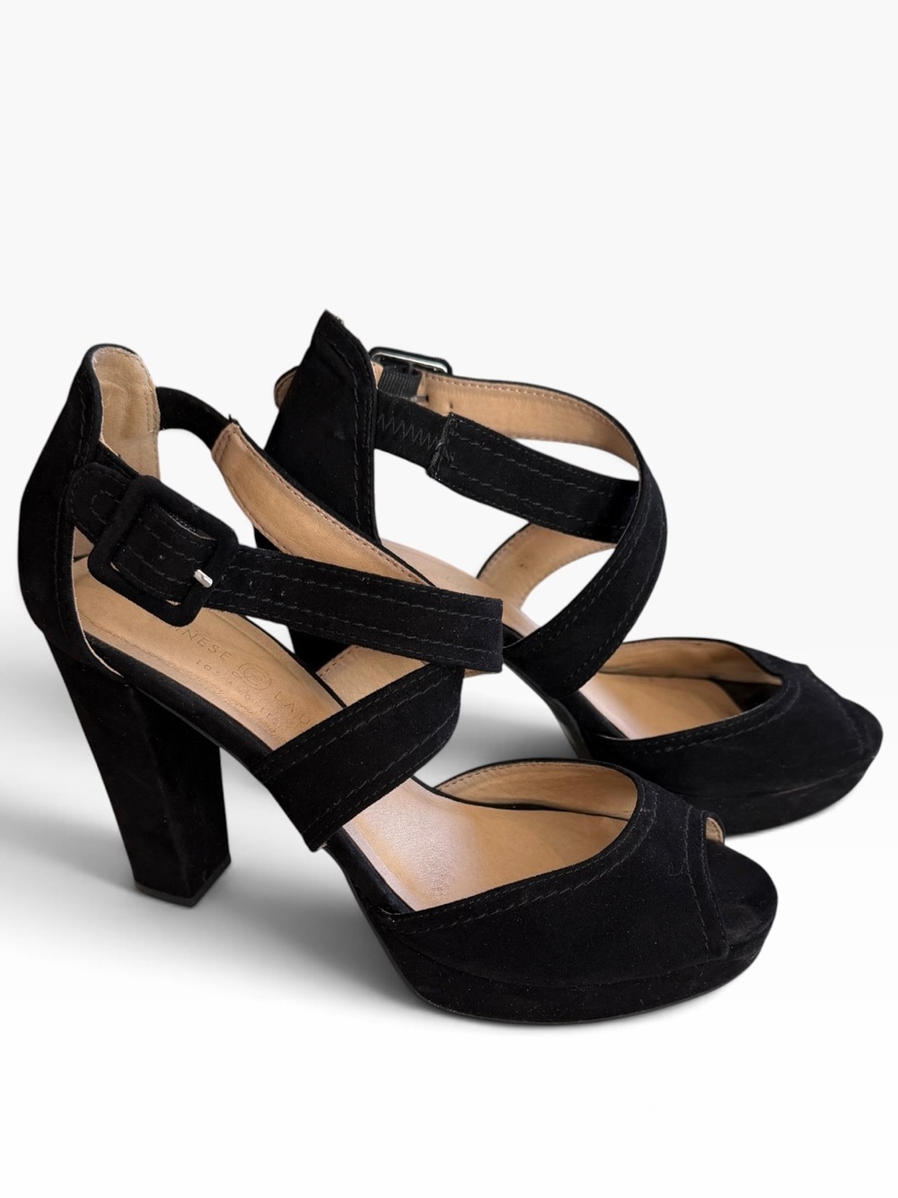 Chinese Laundry Black Suede Platform Open-Toe heels Size 9